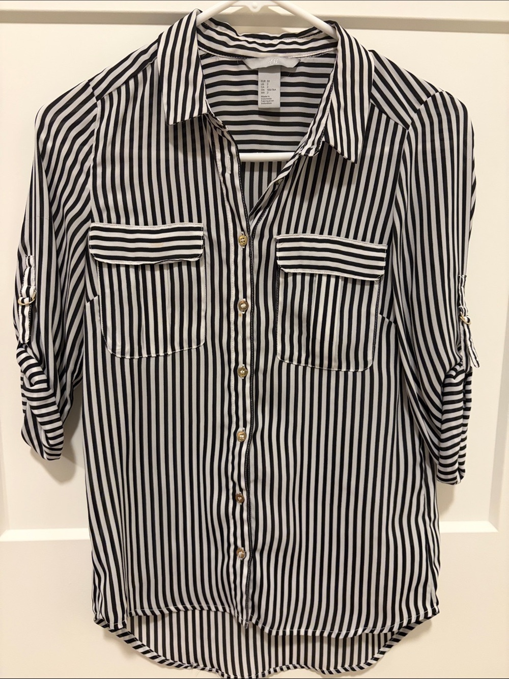 H&M Black and White Vertical Stripe Button-Up Blouse